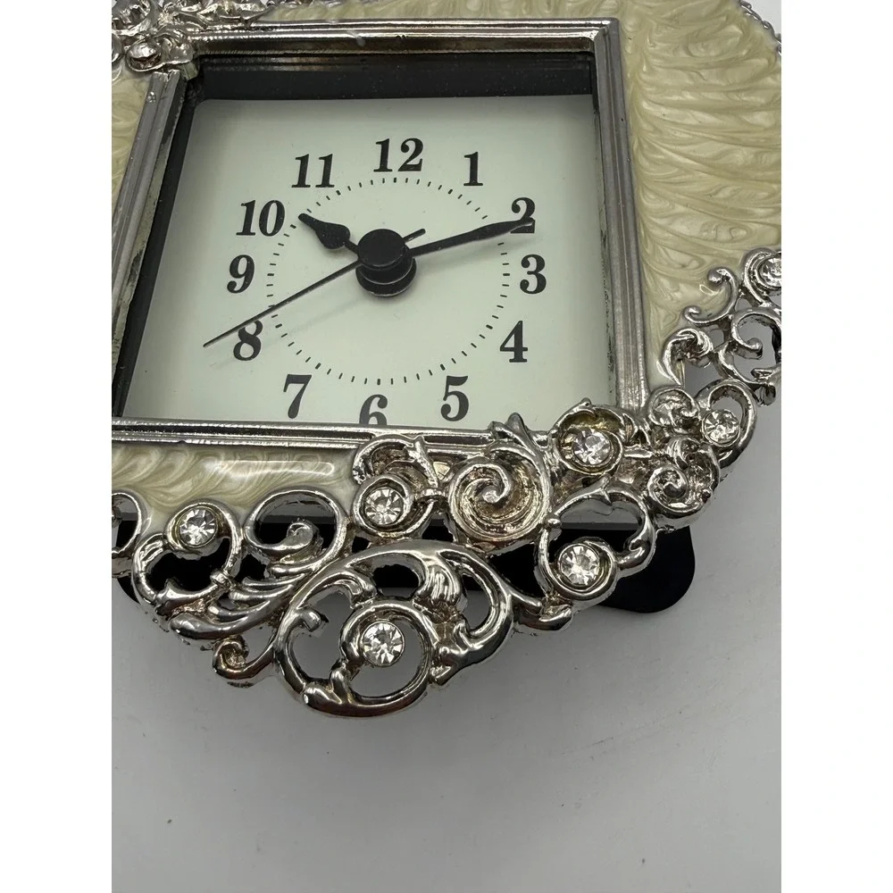 Vintage Style Heart Shaped Desk Clock Silver Filigree Rhinestone Cream Enamel